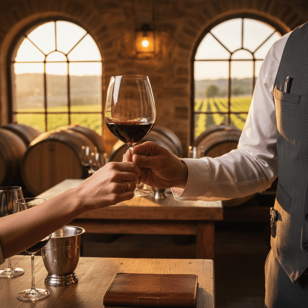 Sommelier's hands presenting red wine glass in rustic stone cellar with barrel racks during tasting experience Sommelier's hands presenting red wine glass in rustic stone cellar with barrel racks during tasting experience