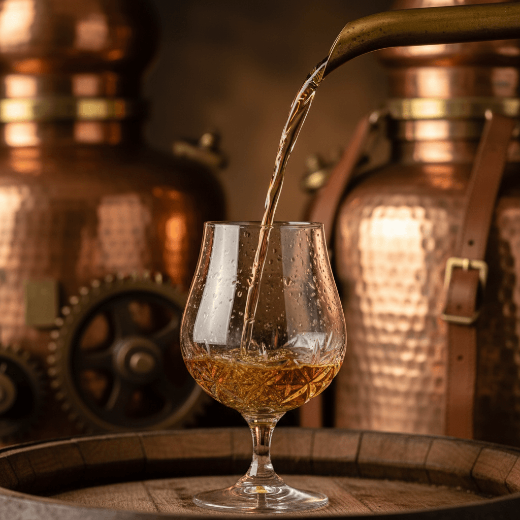 Golden cachaça spirit pouring into crystal glass with copper distillery equipment softly blurred in background Golden cachaça spirit pouring into crystal glass with copper distillery equipment softly blurred in background