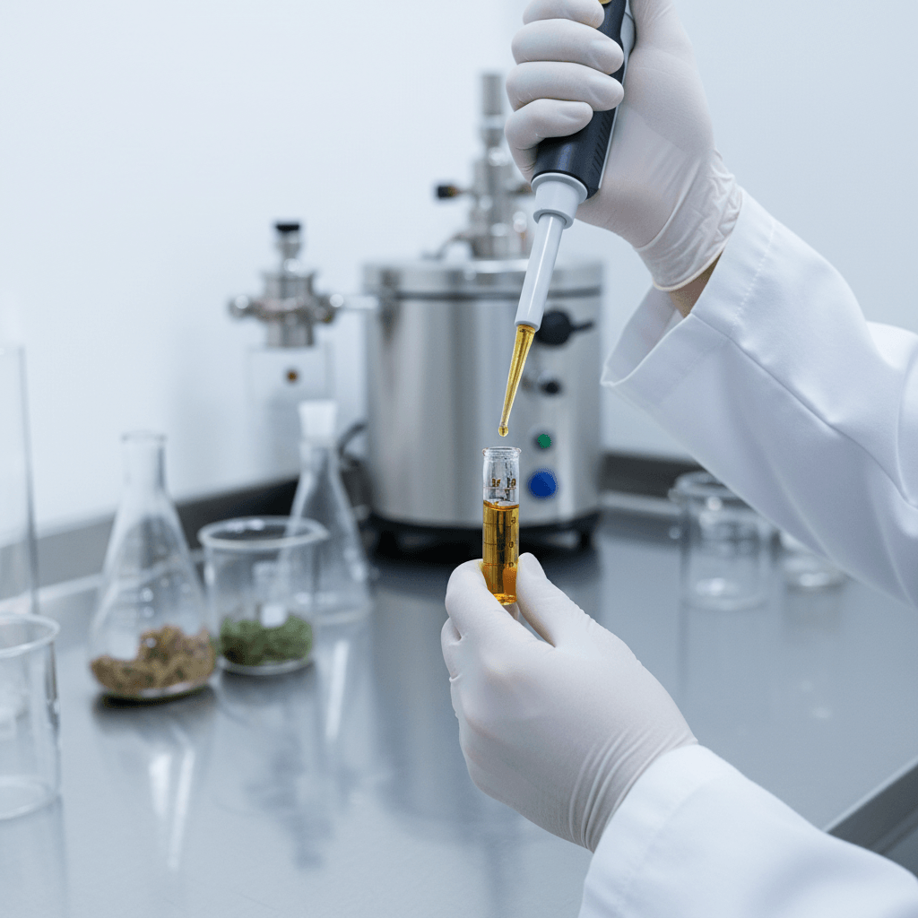 Researcher pipetting amber botanical extract into glass vial in precision laboratory setting with scientific equipment Researcher pipetting amber botanical extract into glass vial in precision laboratory setting with scientific equipment