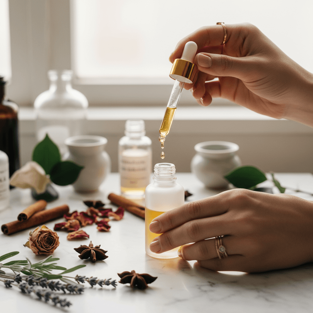 Hands pouring golden fragrance oil into frosted glass bottle with pipette, surrounded by dried botanicals and herb ingredients on marble surface Hands pouring golden fragrance oil into frosted glass bottle with pipette, surrounded by dried botanicals and herb ingredients on marble surface